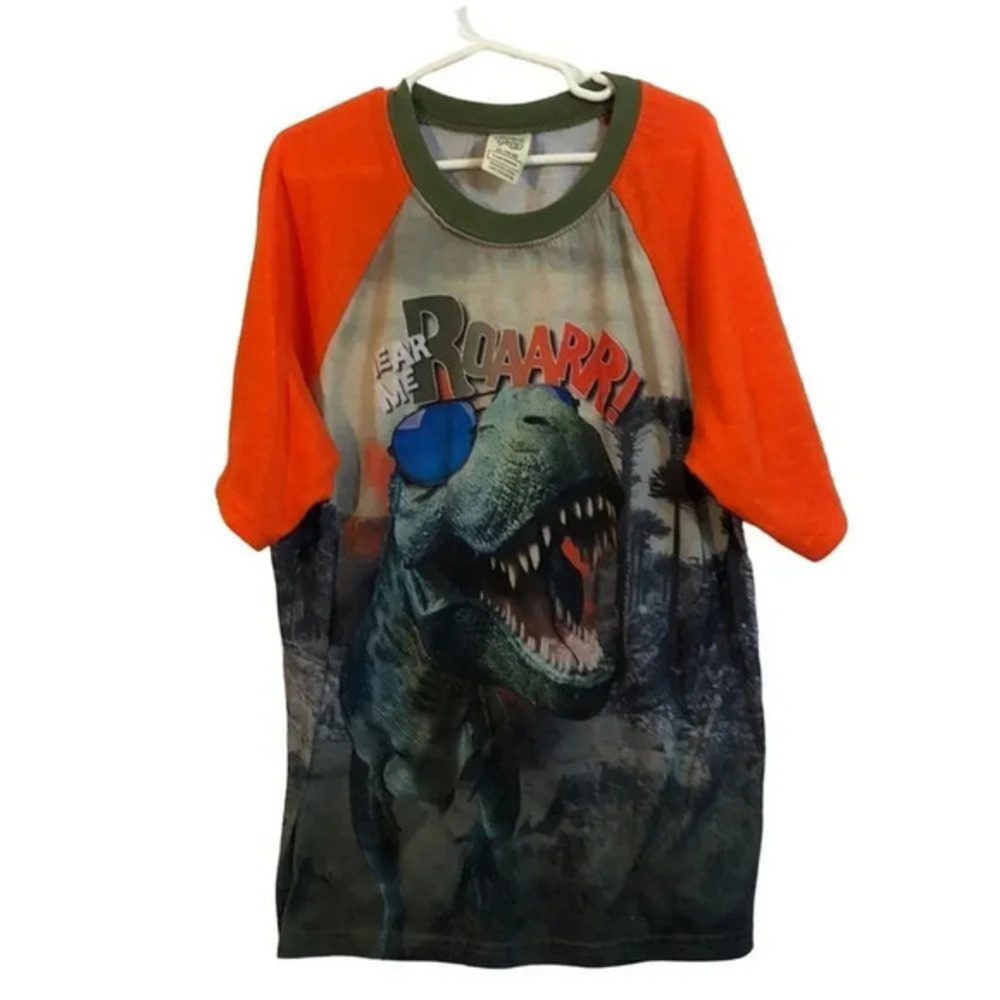 Faded Glory Kids XL 14-16 Dinosaur T-Rex Raglan Pajama Shirt Orange Hear Me Roar